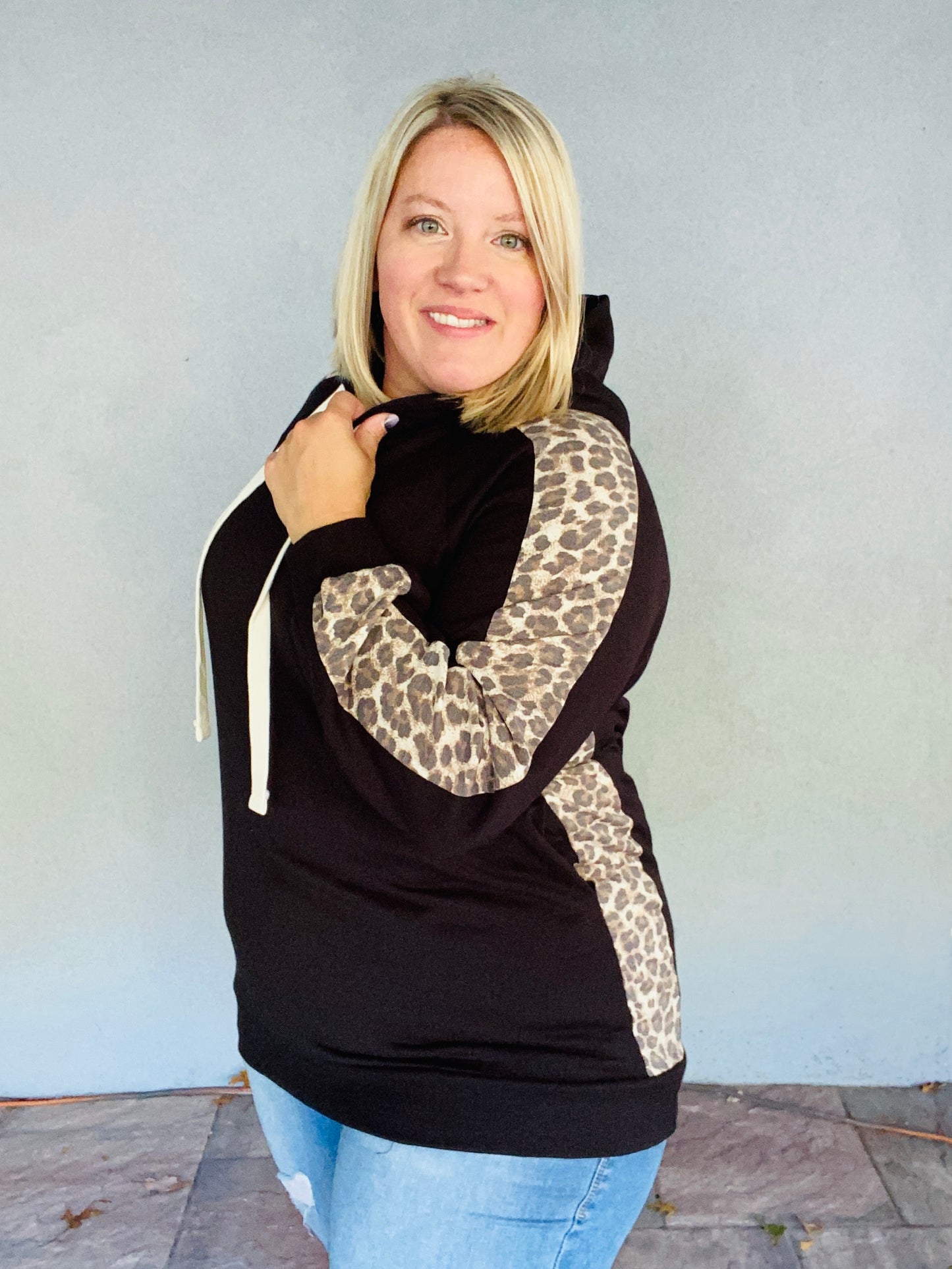 Leopard Side Panel Hoodie - Black