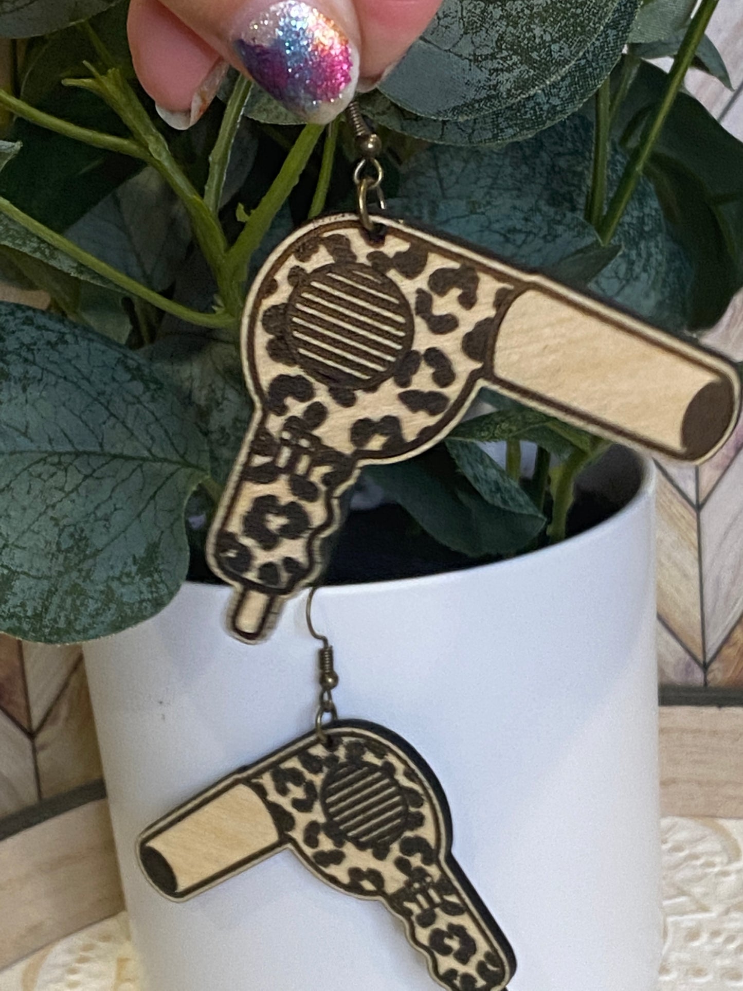 Leopard Hair dryer Wood Earrings