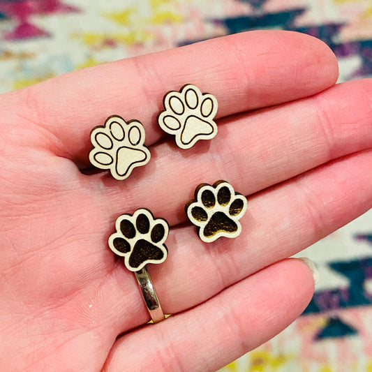 Wood Paw Print Stud Earrings