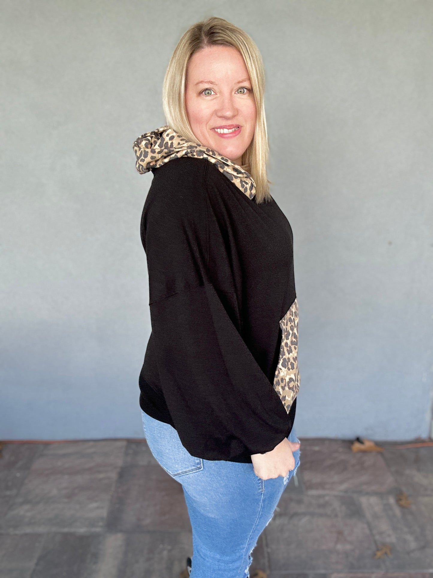 Balloon Sleeve Black Leopard Hoodie