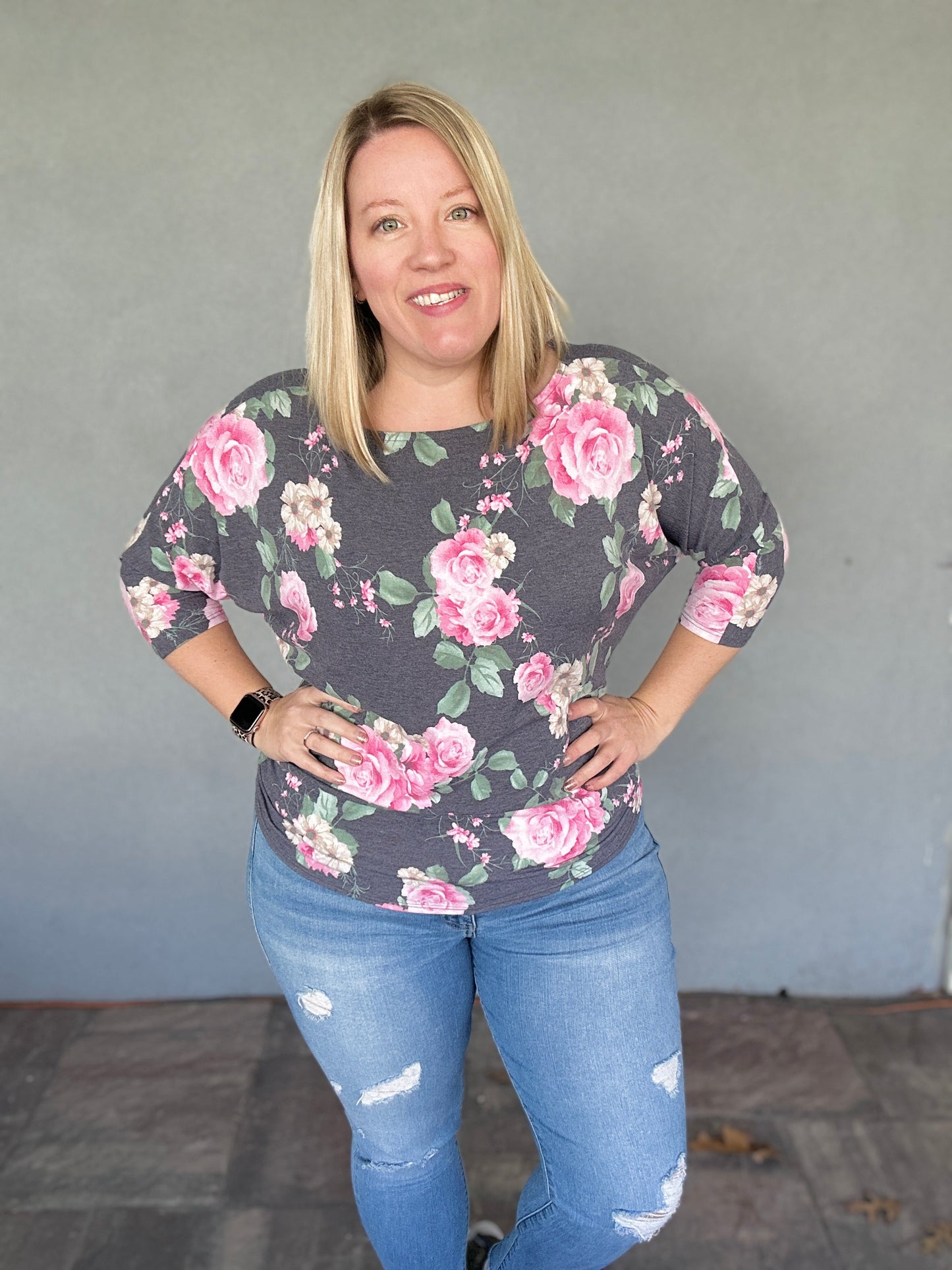 Pink Floral Dolman Sleeve Top