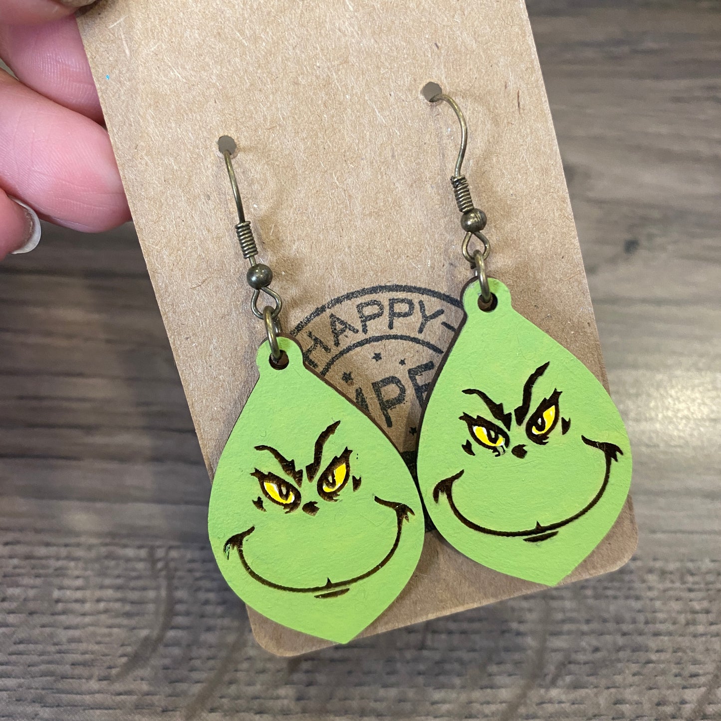 Wood Grinch Dangle Earrings