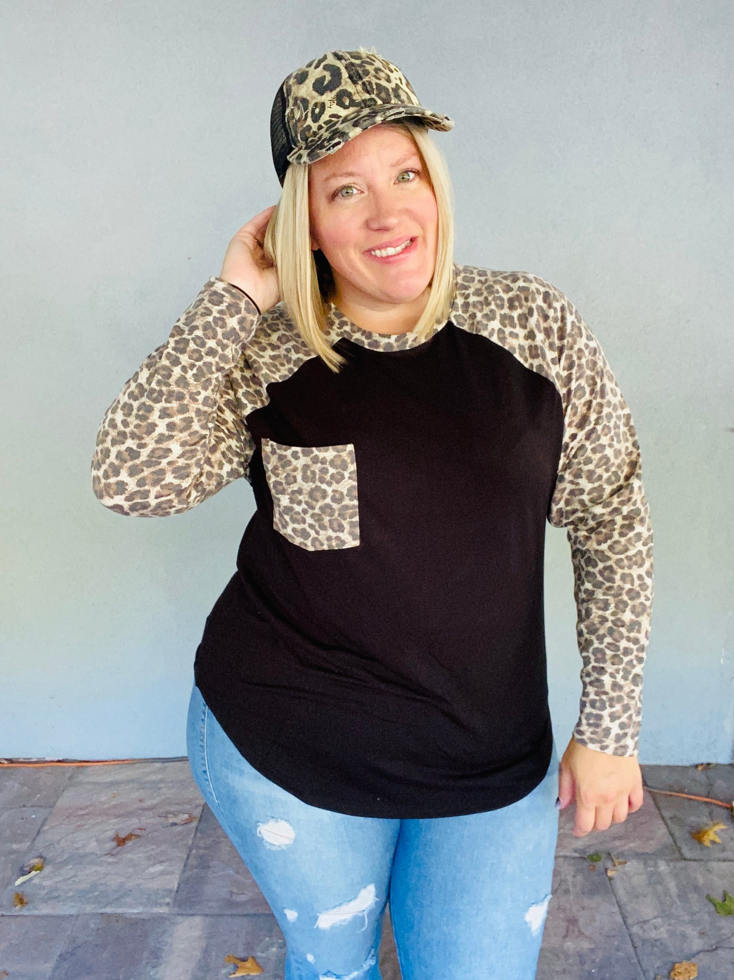 Leopard Raglan Sleeve Top - Black