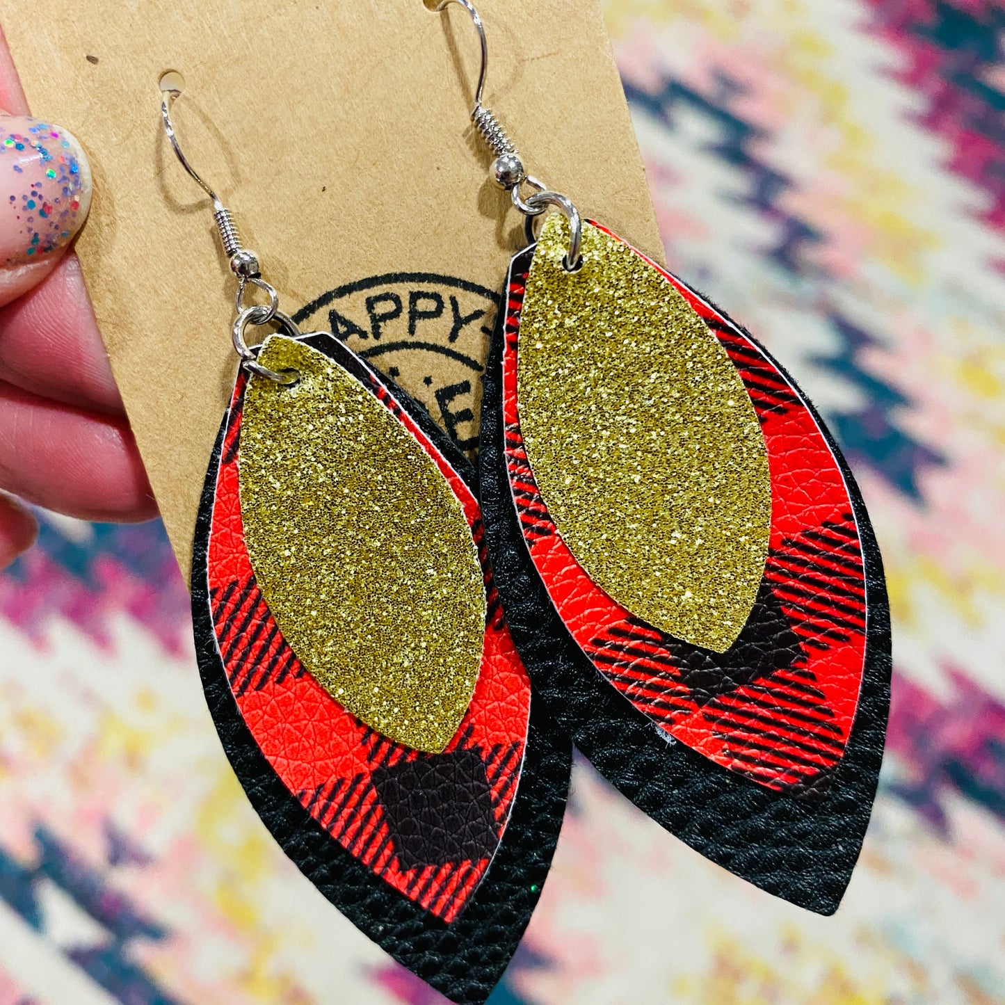 Layered plaid & glitter Faux Leather Earrings