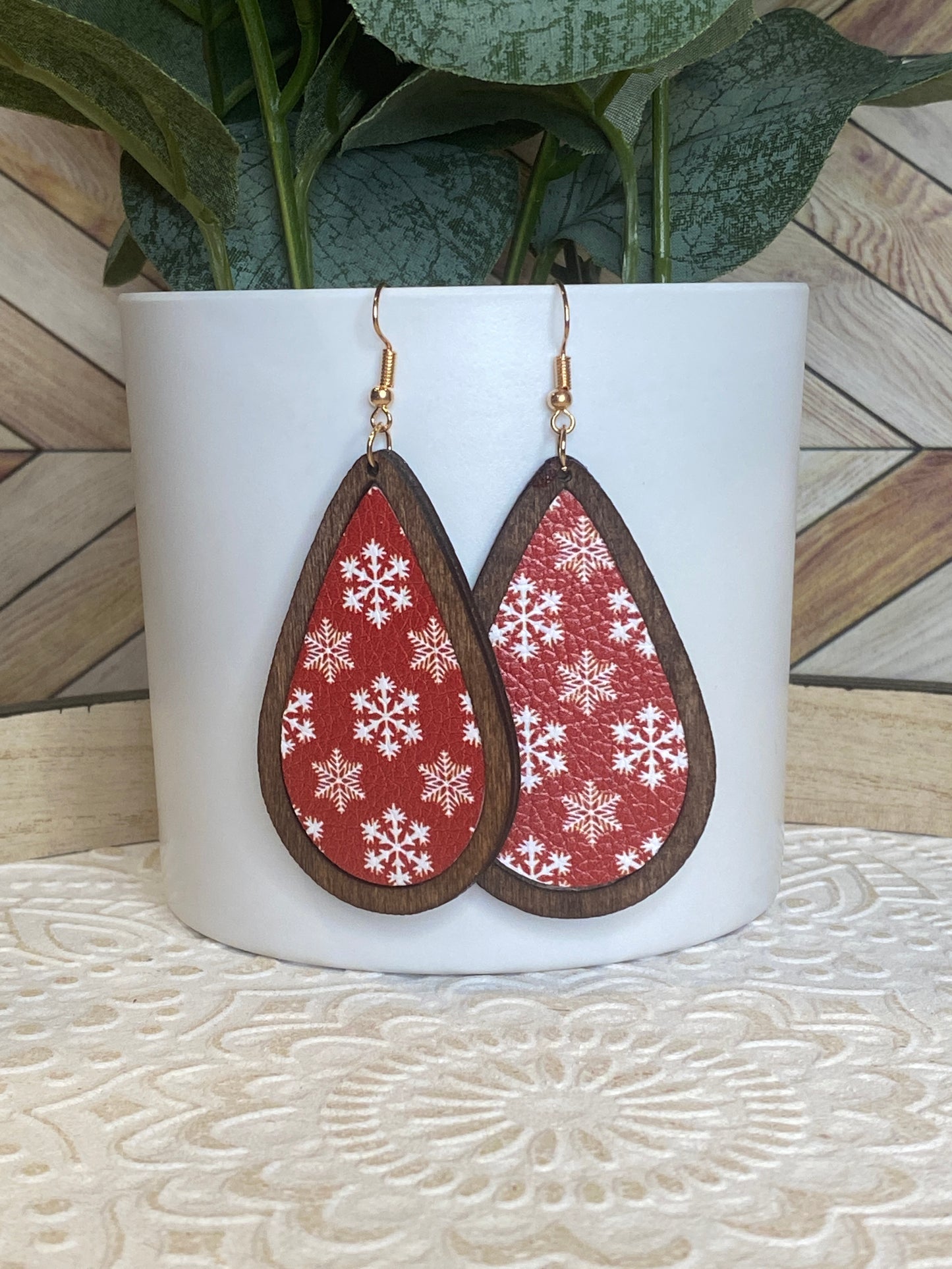 Red Snowflake large Wood Teardrop Earrings