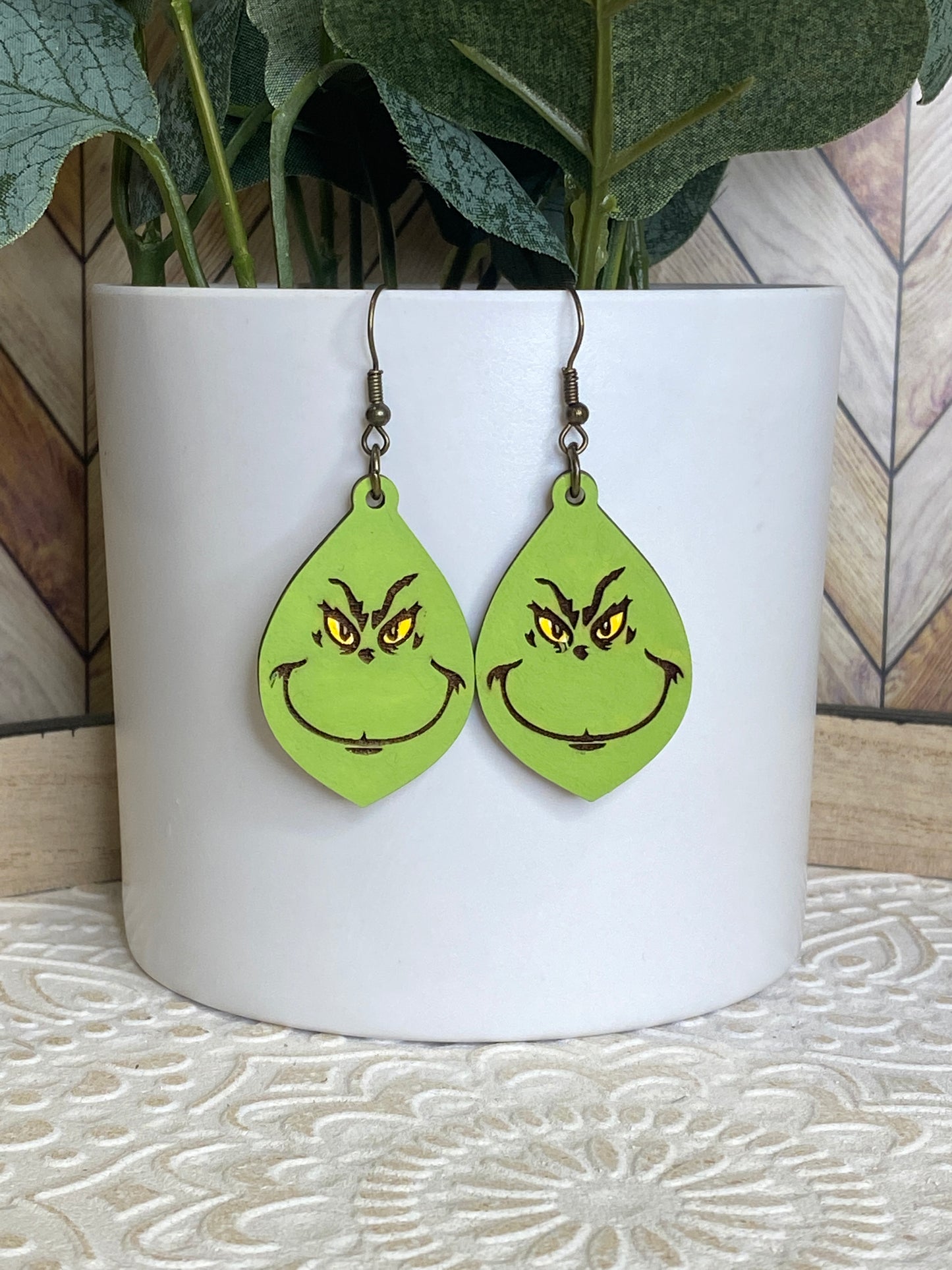 Wood Grinch Dangle Earrings