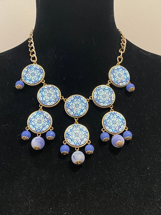 Blue Mosaic Statement Bib Necklace