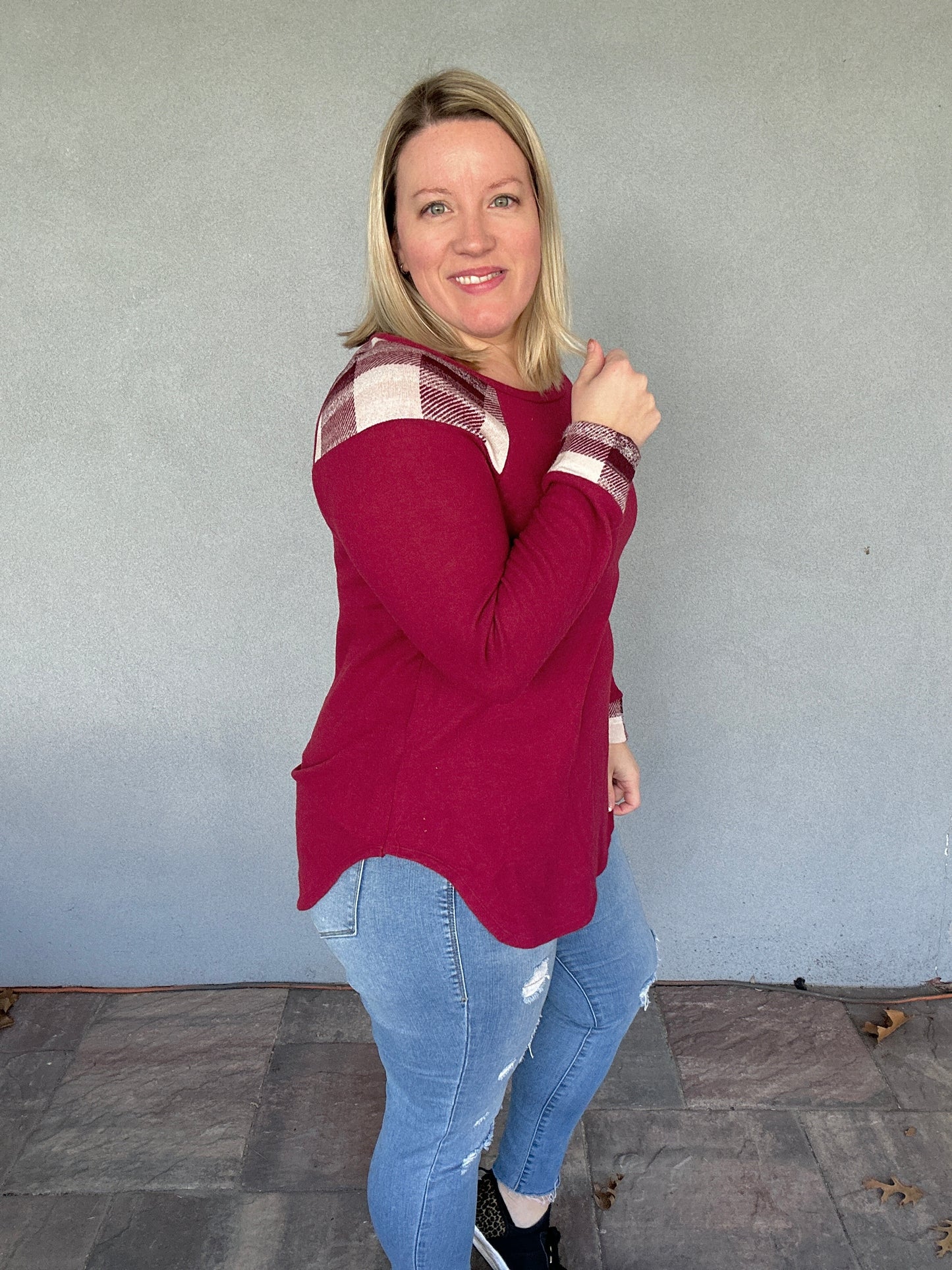 Burgundy Plaid Long Sleeve Top