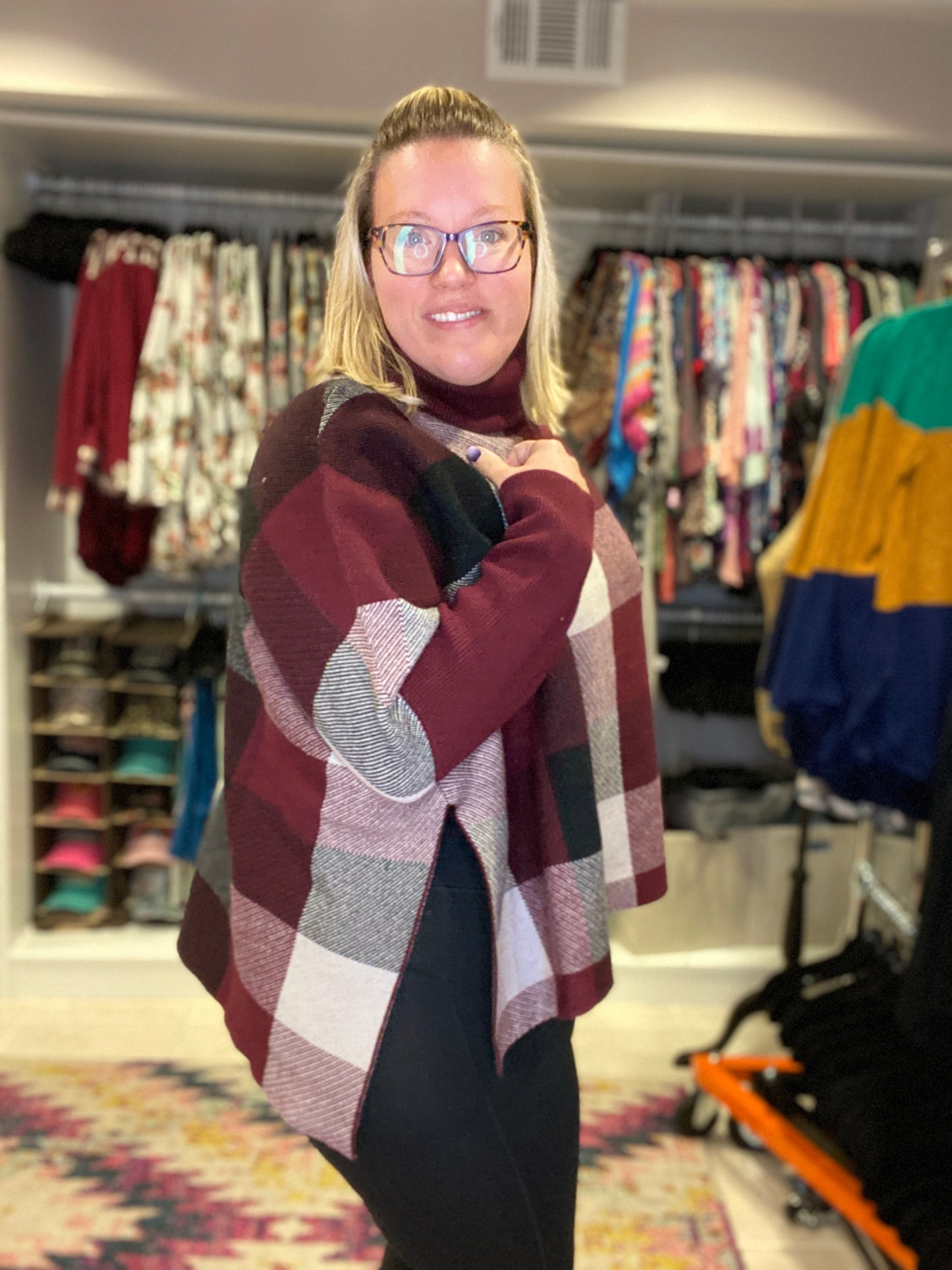 XS Plaid Poncho Sweater - Burgundy