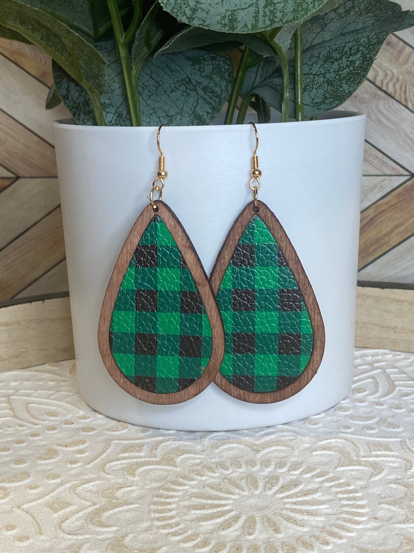 Green Plaid Large Wood Teardrop Earrings