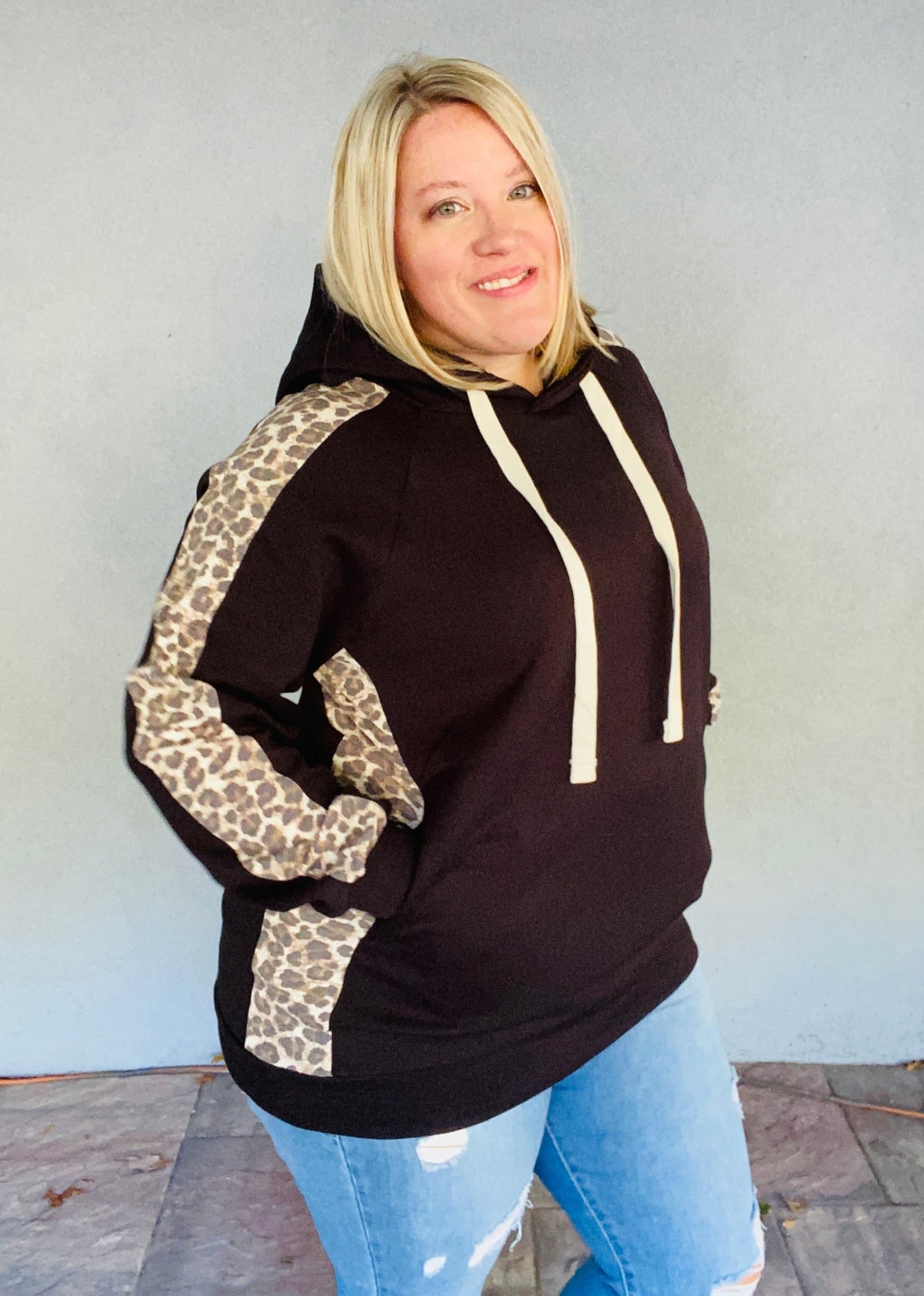 Leopard Side Panel Hoodie - Black