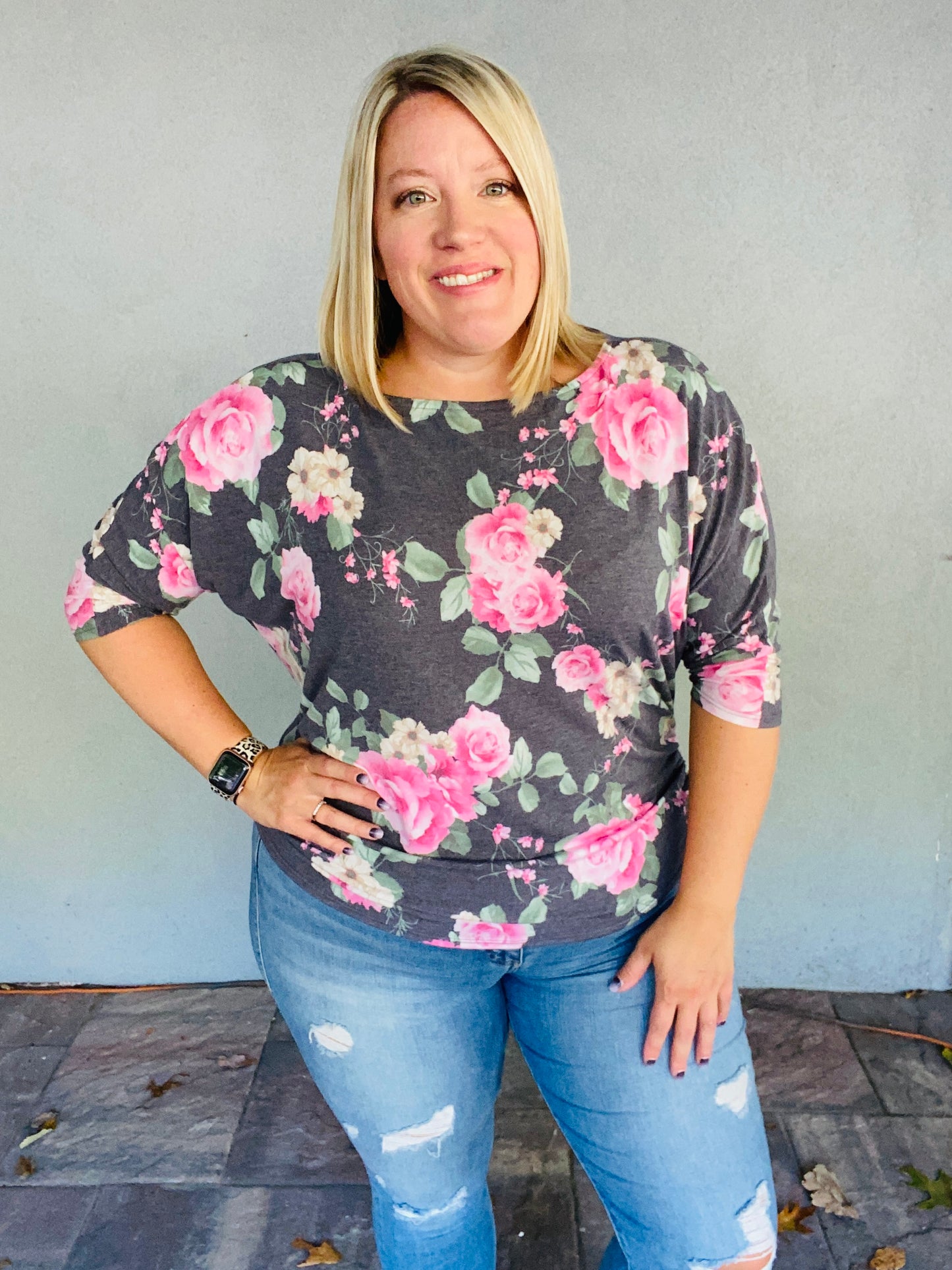 Pink Floral Dolman Sleeve Top