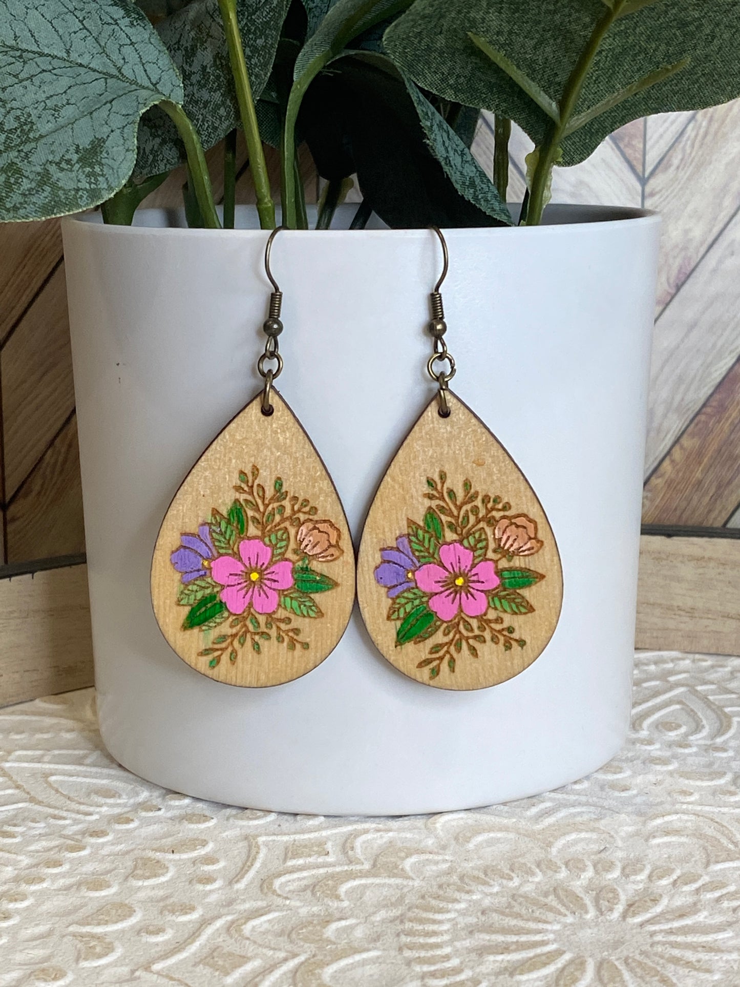 Wooden Floral Teardrop Earrings