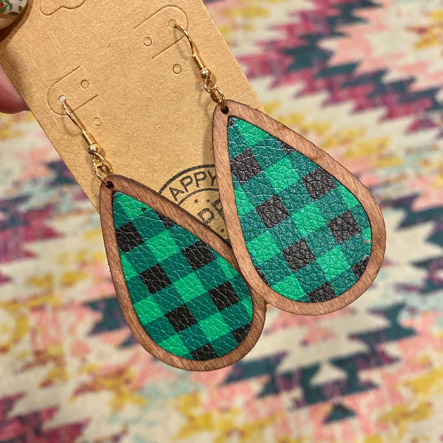 Green Plaid Large Wood Teardrop Earrings