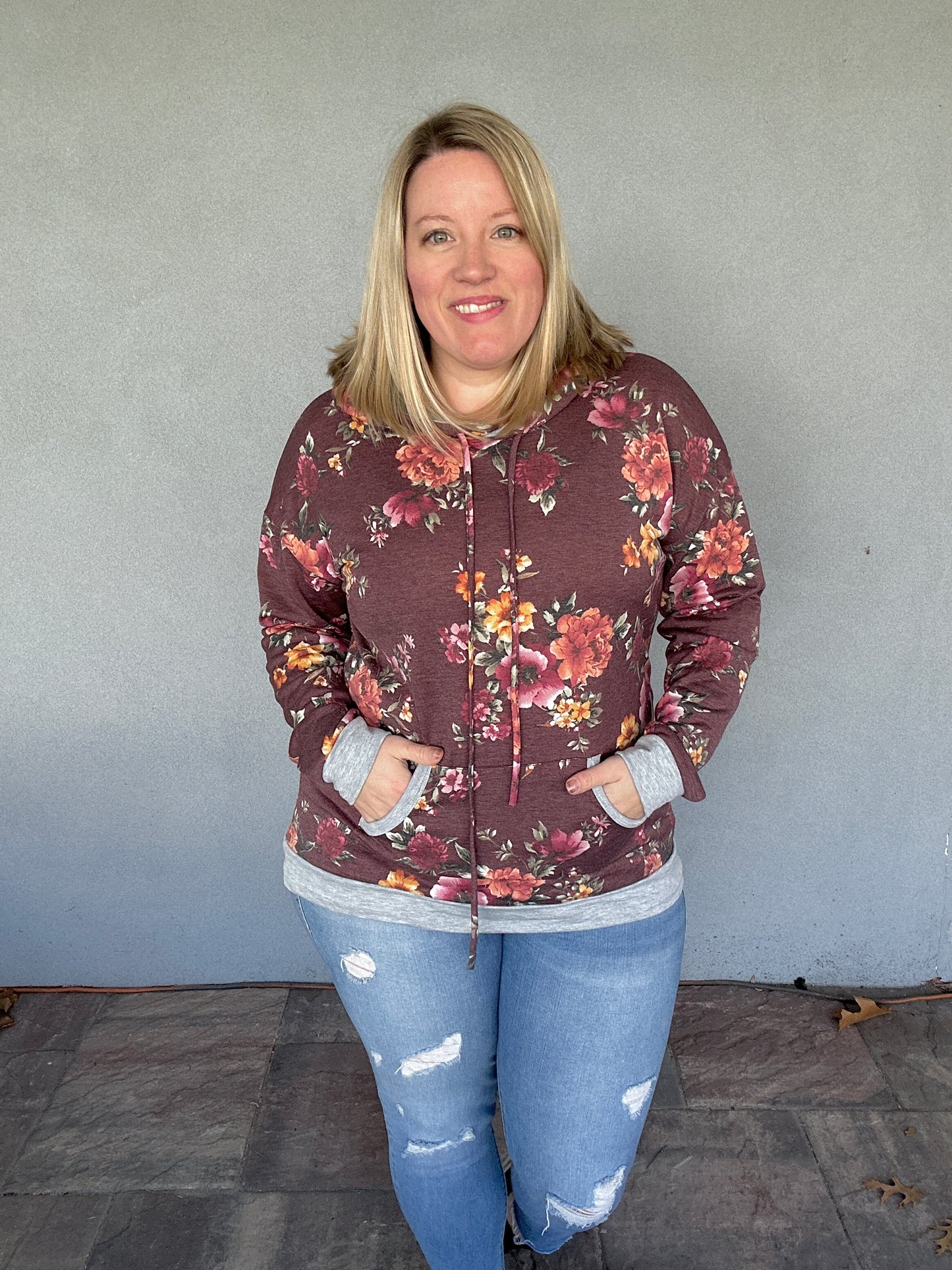 Burgundy Floral Lightweight Hoodie - PLUS