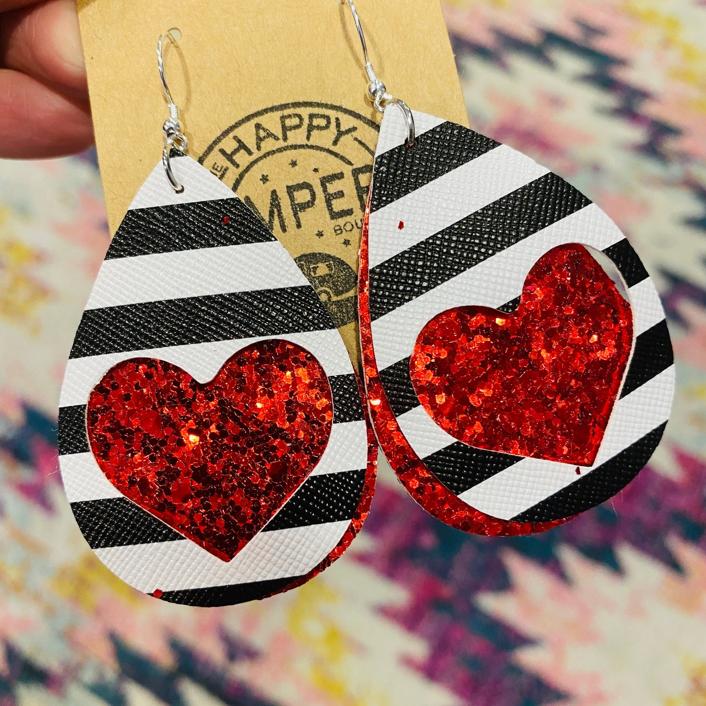 Hearts & Stripes Double Stacked Teardrop Faux Leather Earrings