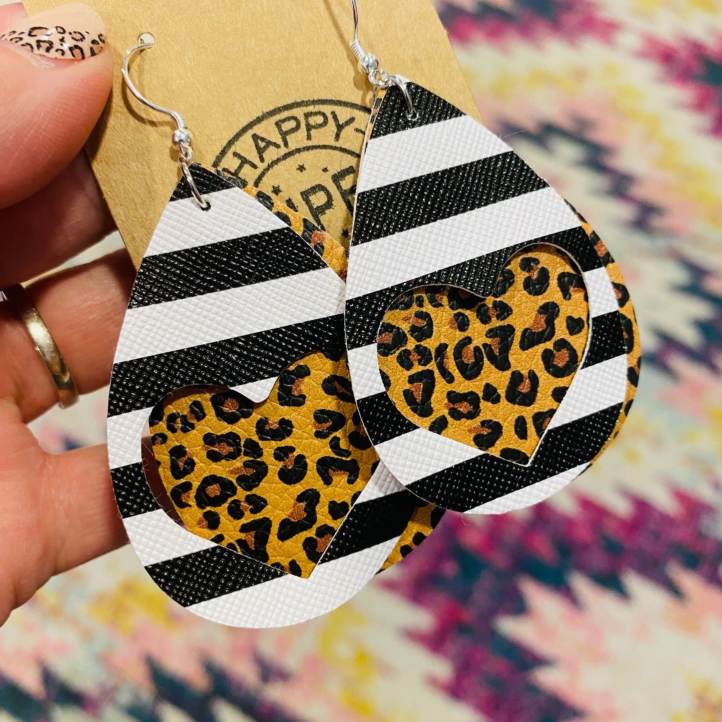 Hearts & Stripes Double Stacked Teardrop Faux Leather Earrings